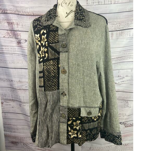 Erin London Cardigan Jacket Women M Mixed Media Patchwork Linen Rayon Preppy - Picture 1 of 11